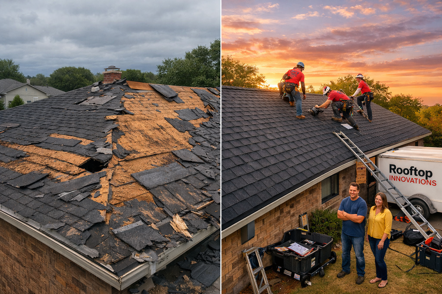 Landscape image (1536x1024) showing dramatic before/after roof replacement in Waco - left side shows severely damaged roof with missing shin