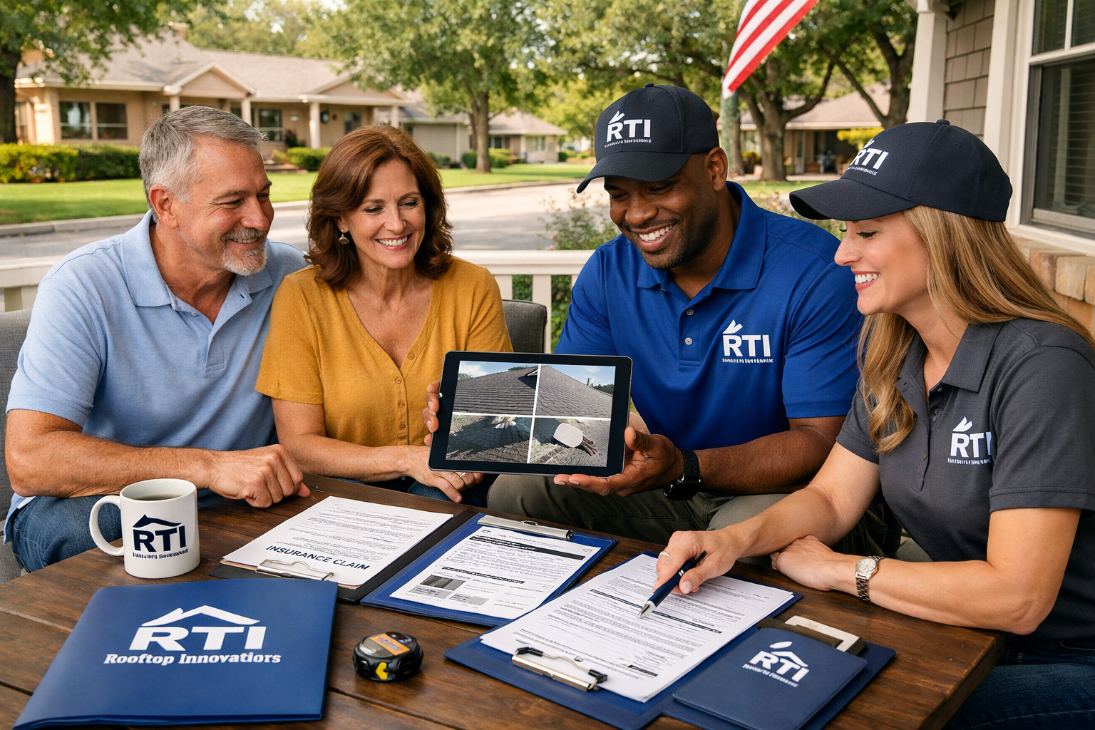 Professional landscape image (1536x1024) featuring Rooftop Innovations team meeting with Waco homeowners on front porch, tablets showing roo