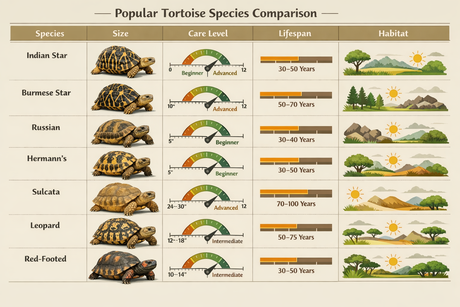 Detailed comparison chart showing seven popular tortoise species (Indian Star, Burmese Star, Russian, Hermann's, Sulcata, Leopard, Red-foote