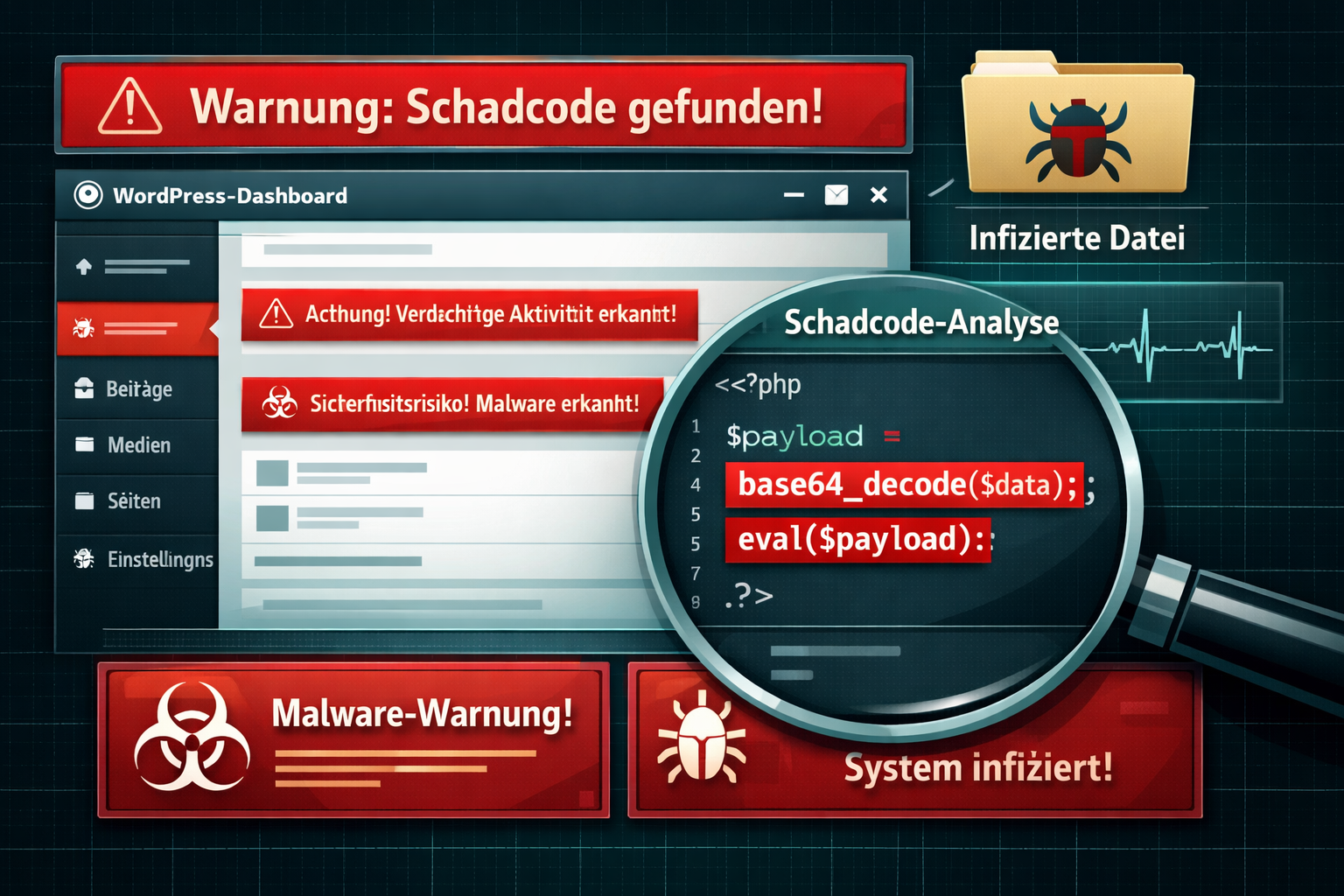 () infographic-style illustration showing a WordPress dashboard with red alert banners and malware warning overlays, a