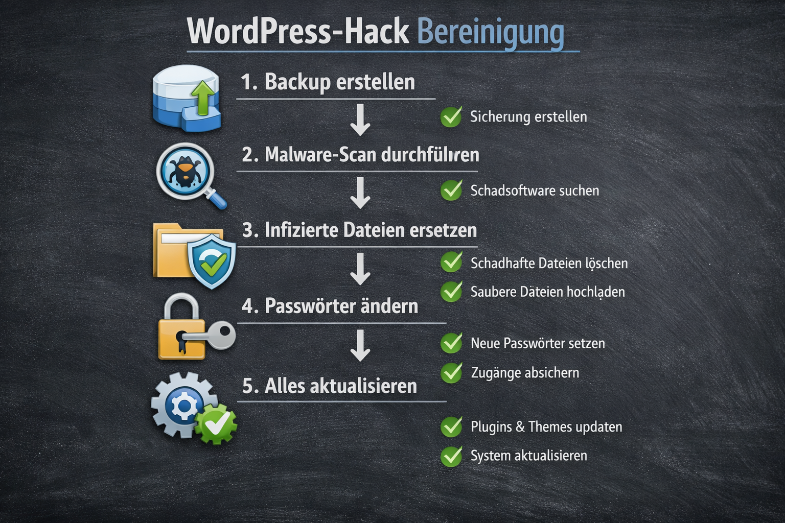 () step-by-step visual checklist showing a vertical numbered flowchart with five steps for WordPress hack cleanup: icons for