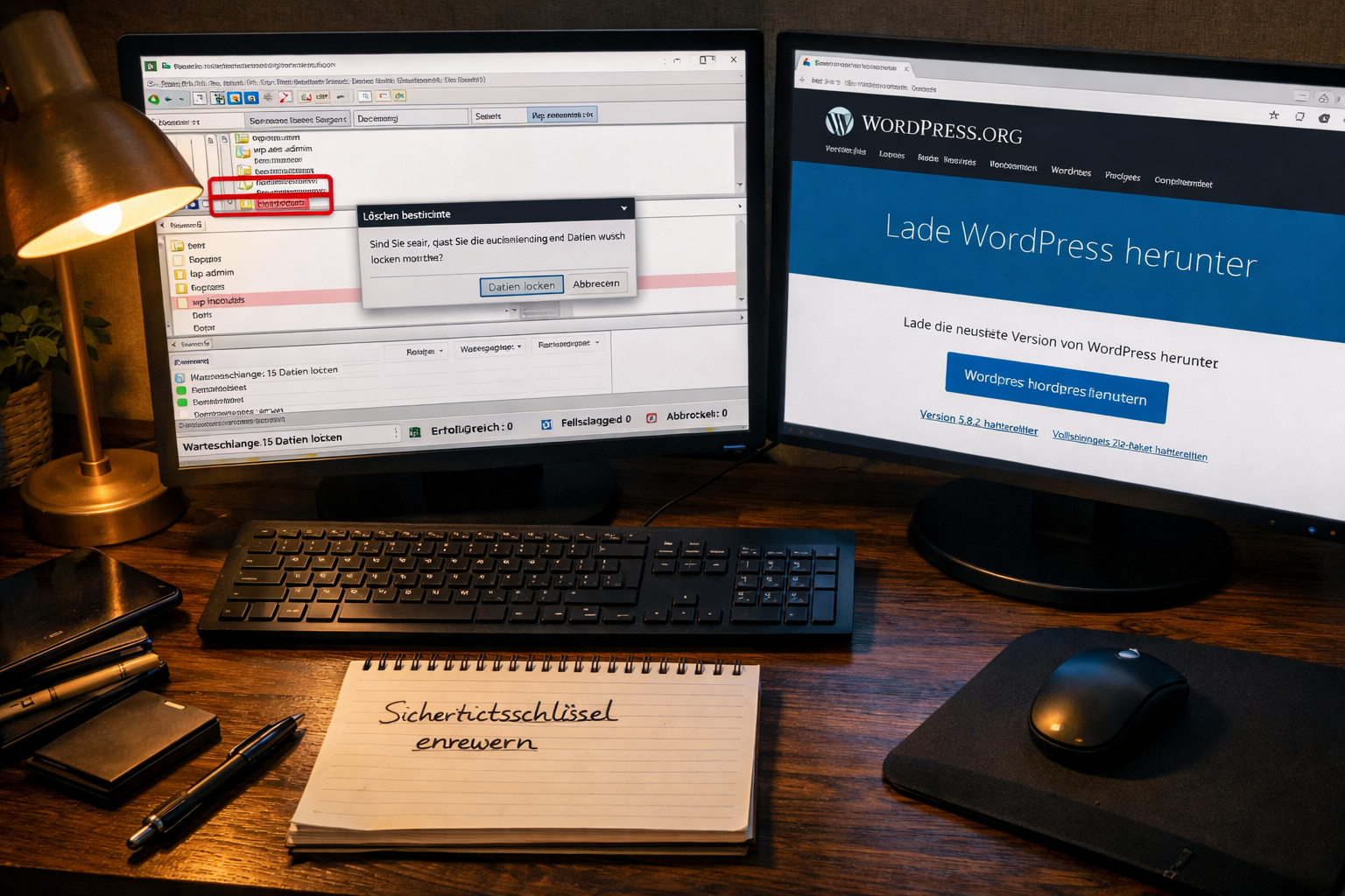 () close-up bird's-eye view of a developer's desk with two monitors: left screen shows FTP client with wp-admin and