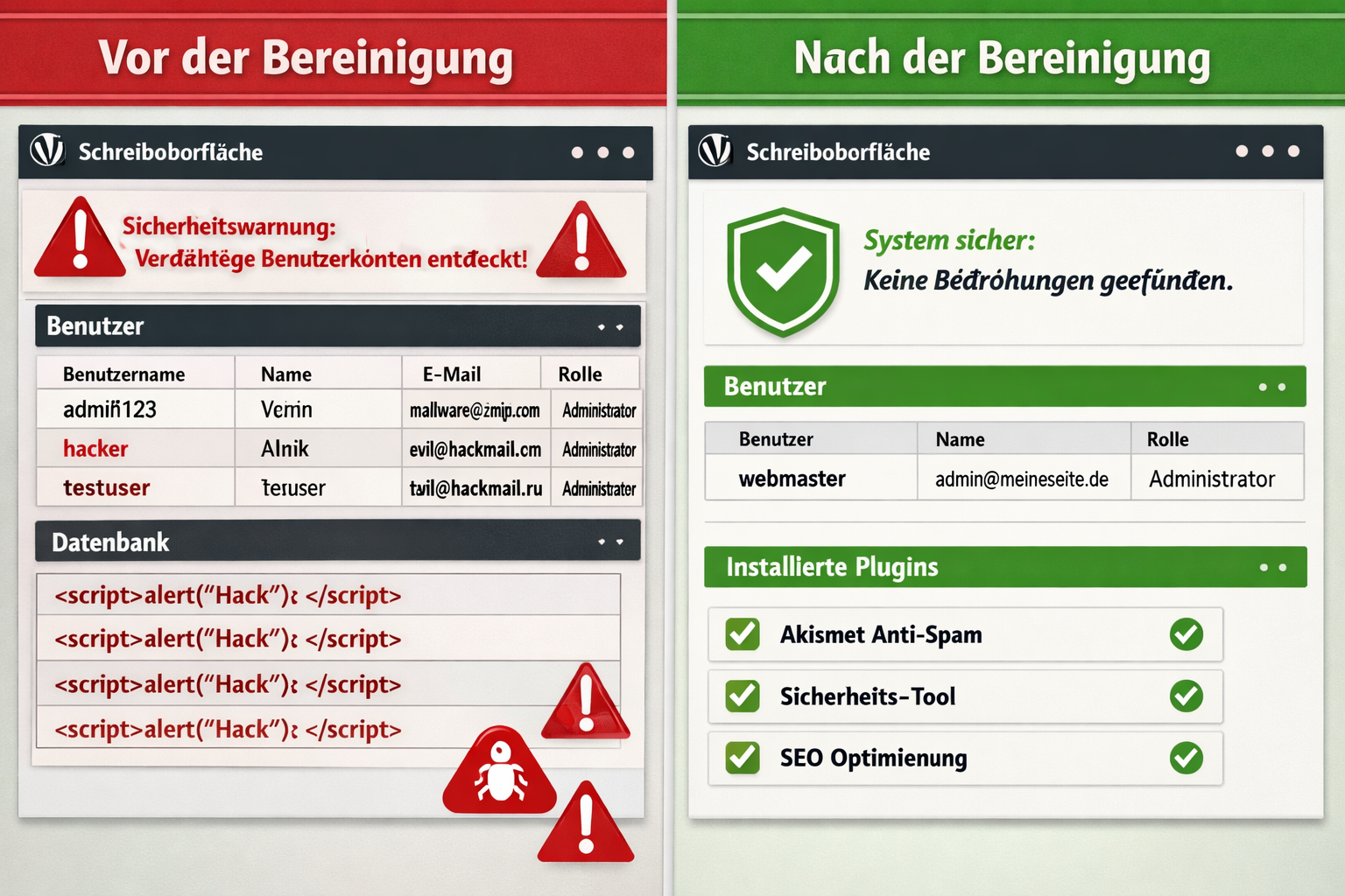 () split-screen comparison visual: left side labeled 'Vor der Bereinigung' showing corrupted WordPress admin panel with