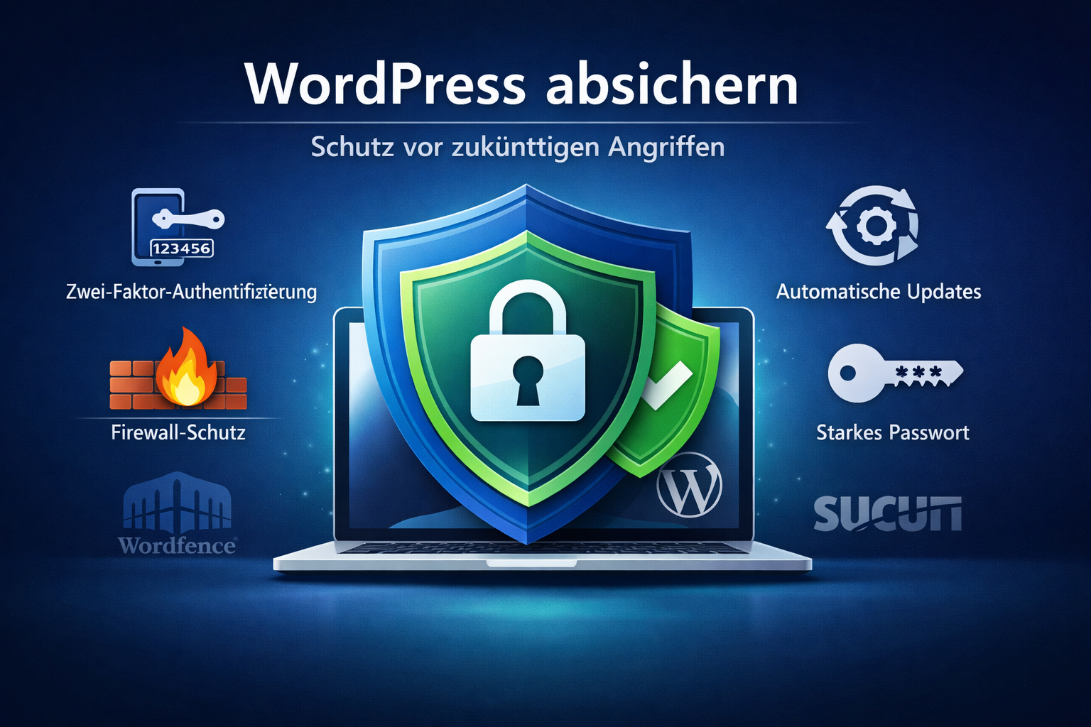 () security hardening concept image showing a WordPress website protected by multiple layered shields in blue and green,
