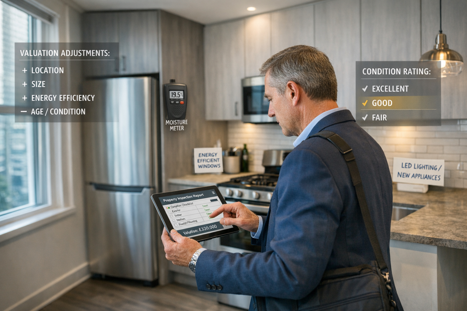 () professional photograph showing chartered surveyor conducting detailed property inspection inside modern rental