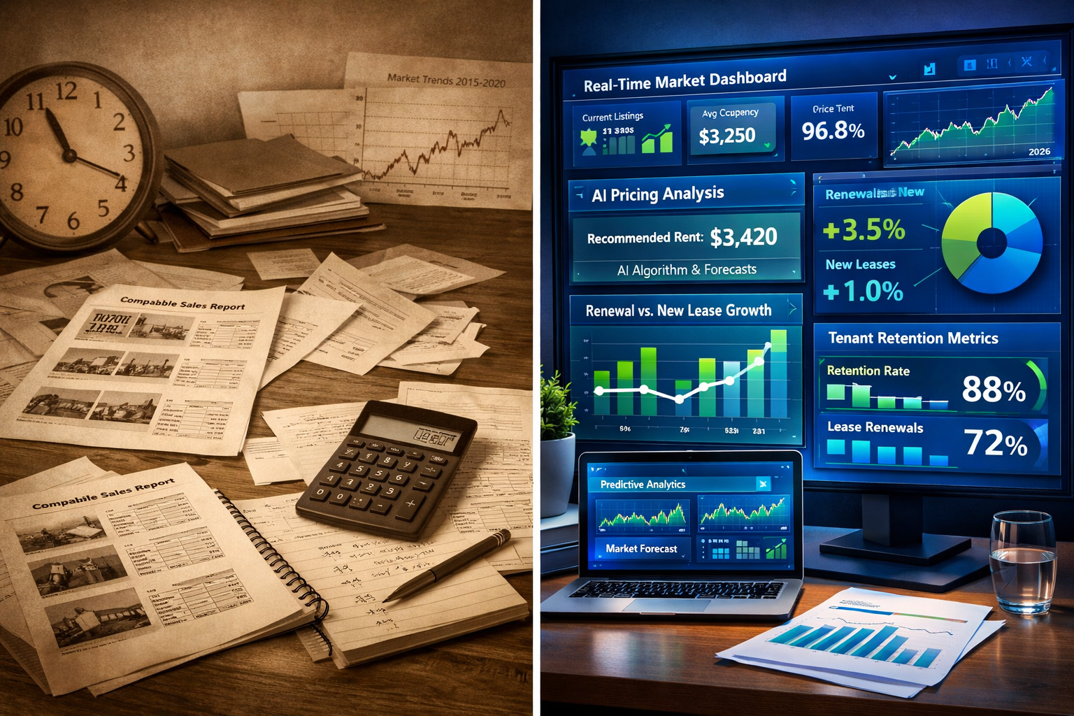 () sophisticated split-screen composition showing rental property valuation strategy comparison. Left side displays