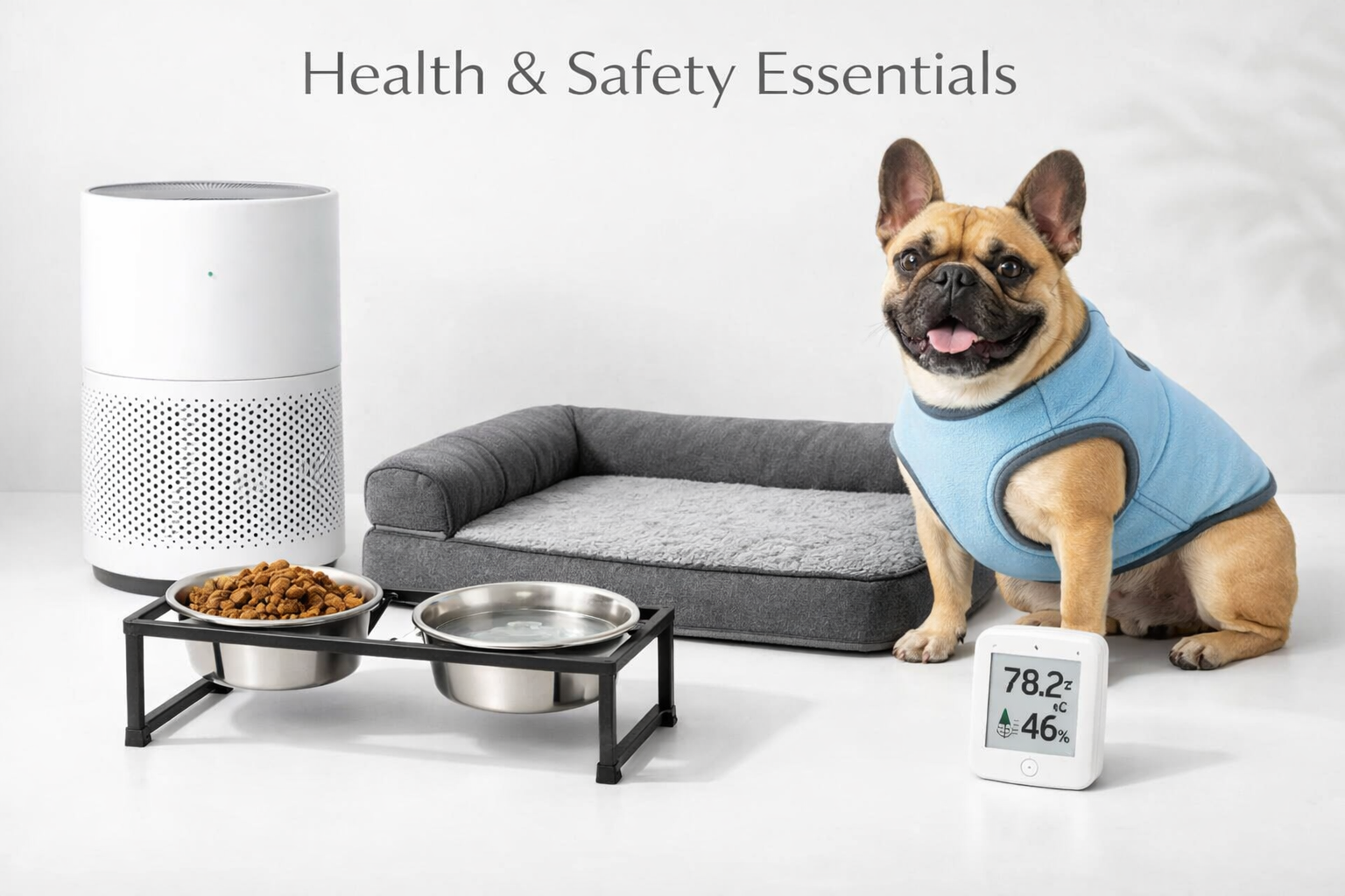 Landscape image (1536x1024) showing essential French Bulldog health and safety products arranged on clean white surface. Features cooling ve