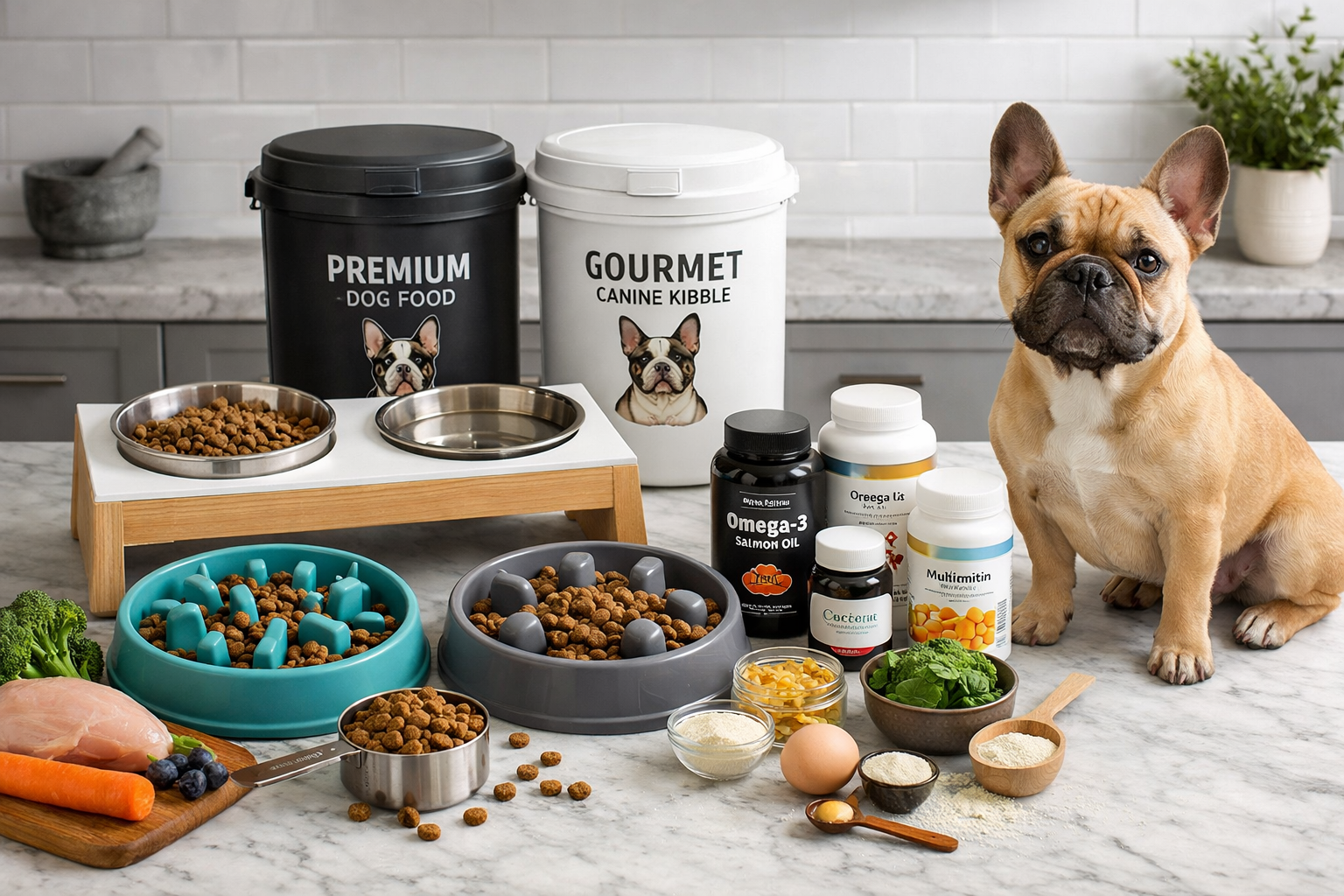 Landscape image (1536x1024) featuring feeding and nutrition products for French Bulldogs on marble kitchen counter. Includes slow-feeder bow