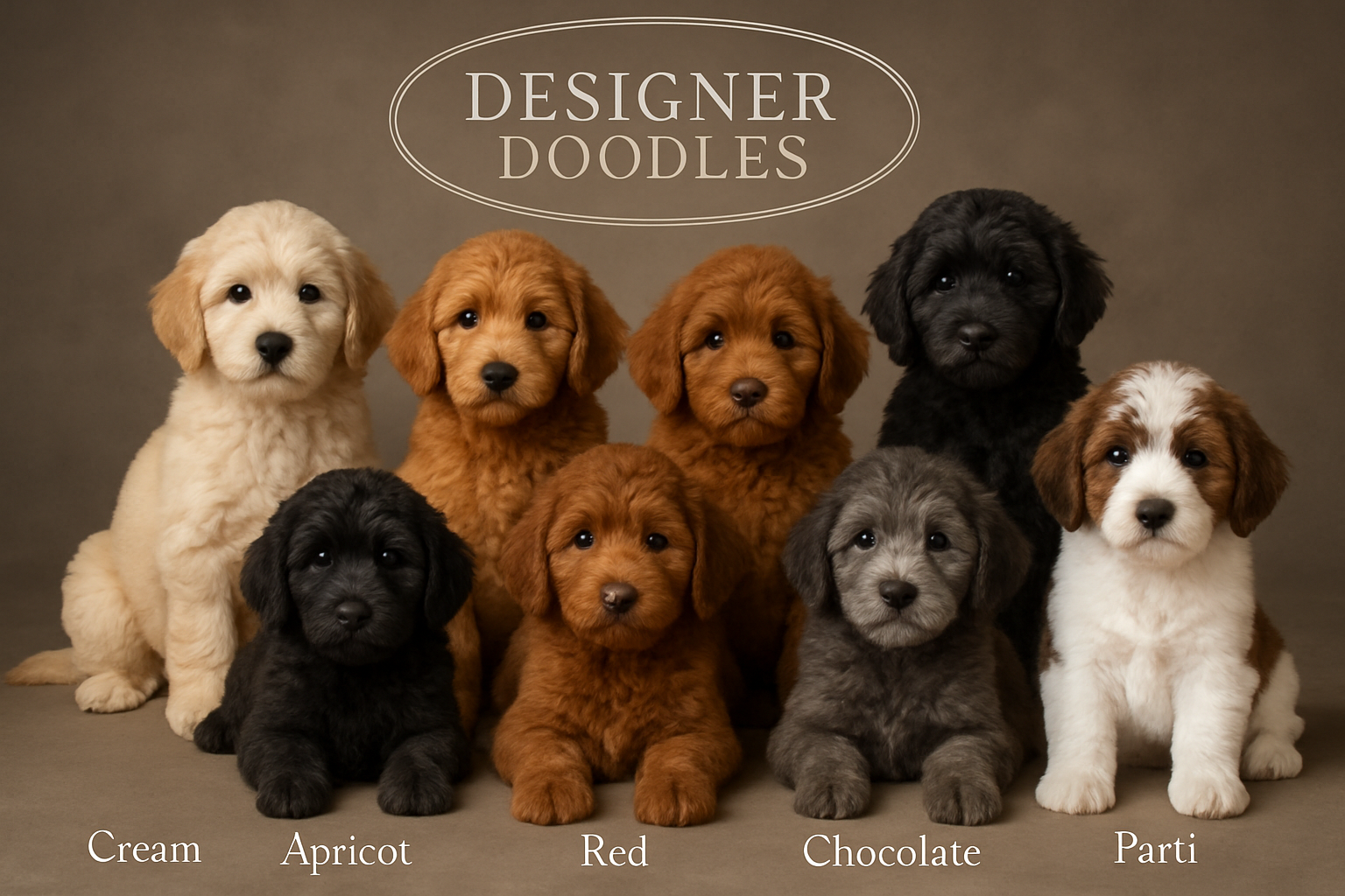 Comprehensive color variety showcase displaying mini golden doodle puppies in all available colors: cream, apricot, red, chocolate, black, s