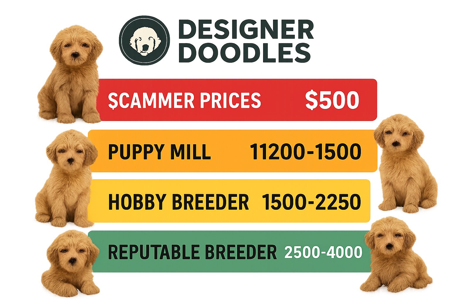 Interactive price comparison chart showing four tiers: Scammer prices $500 (red warning), Puppy Mill Section Image200-1500 (orange caution), Hobby Bree