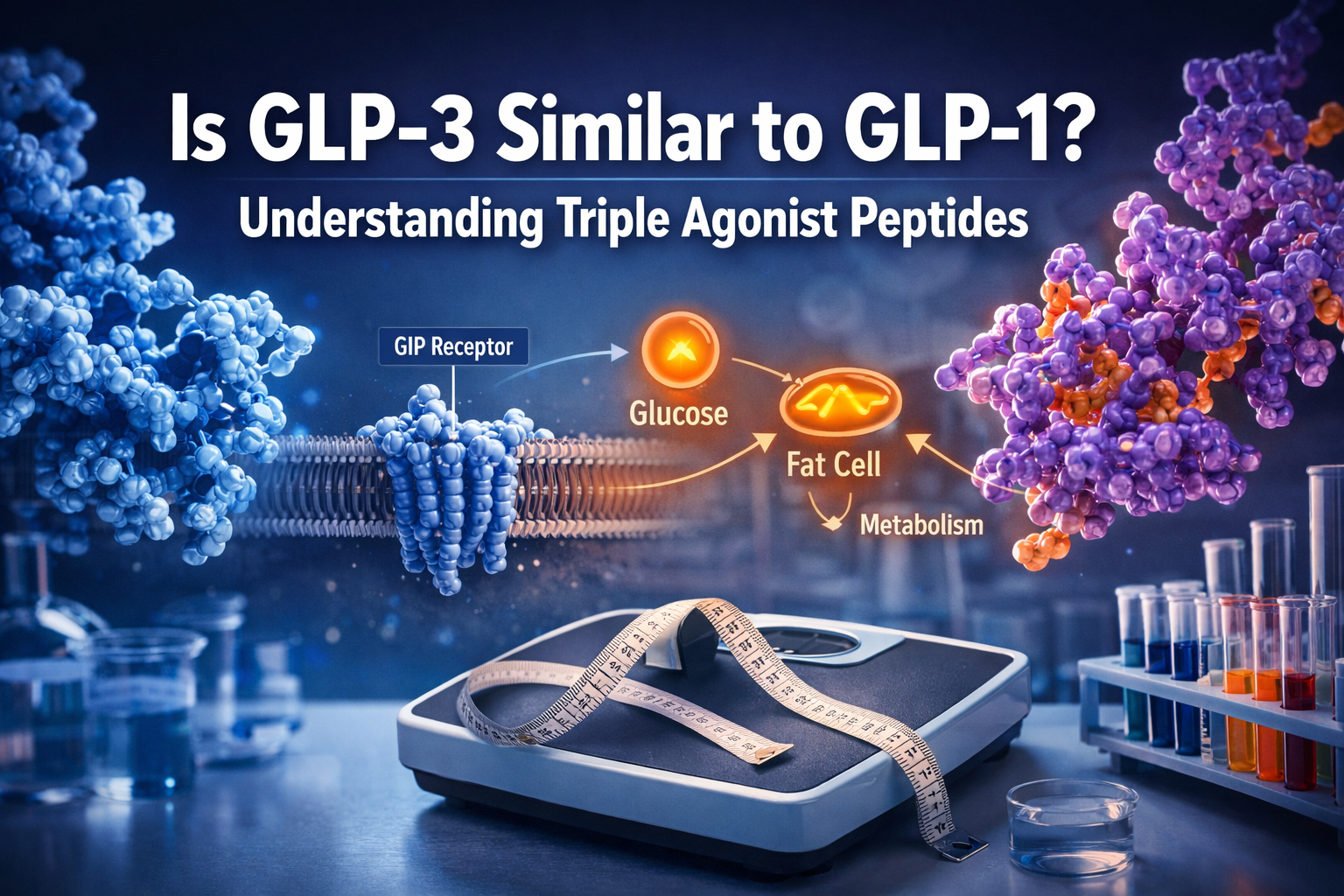 Professional landscape format (1536x1024) hero image featuring bold text overlay 'Is GLP-3 Similar to GLP-1? Understanding Triple Agonist Pe