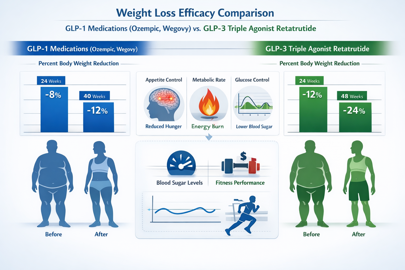 Comprehensive landscape format (1536x1024) infographic displaying weight loss efficacy comparison between GLP-1 medications (Ozempic, Wegovy