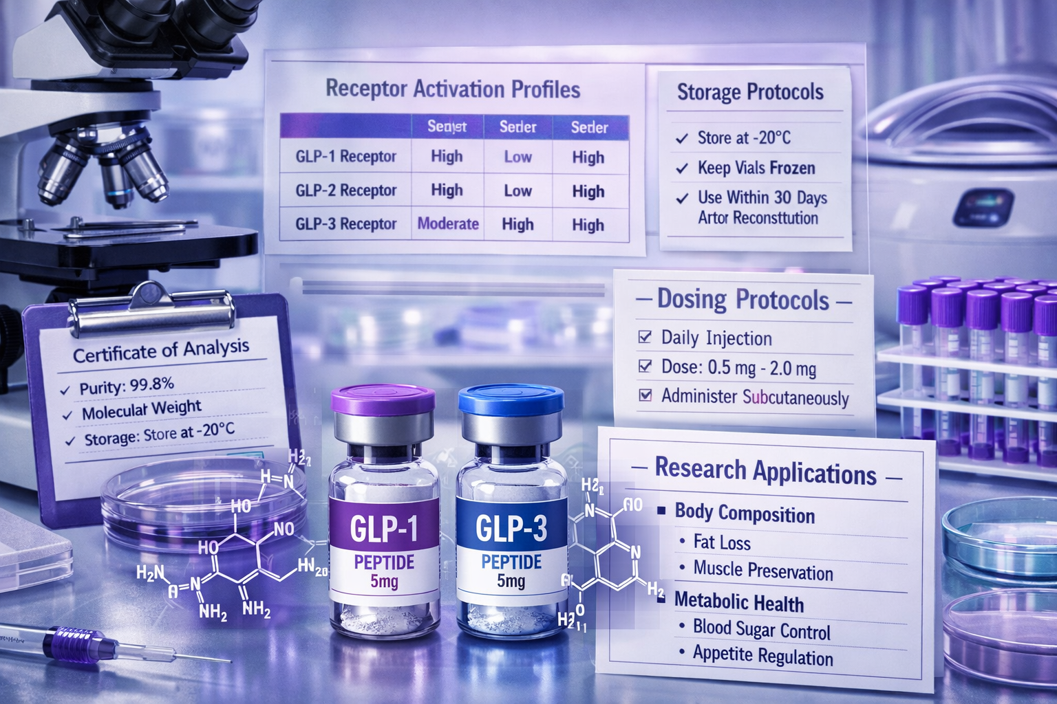 Detailed landscape format (1536x1024) research laboratory scene showing peptide vials labeled GLP-1 and GLP-3 with molecular structure overl