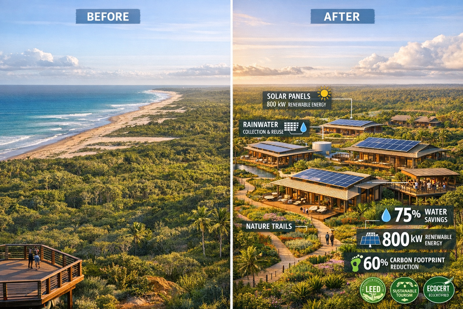 Detailed landscape format (1536x1024) image showing modern eco-resort architectural rendering integrated into Bahia coastal landscape near p