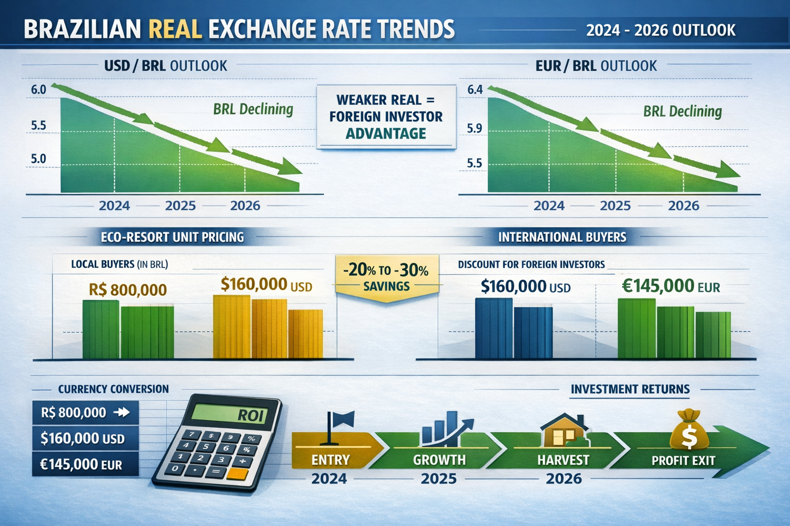 Detailed landscape format (1536x1024) financial infographic showing Brazilian Real (BRL) exchange rate trends against USD and EUR for 2024-2