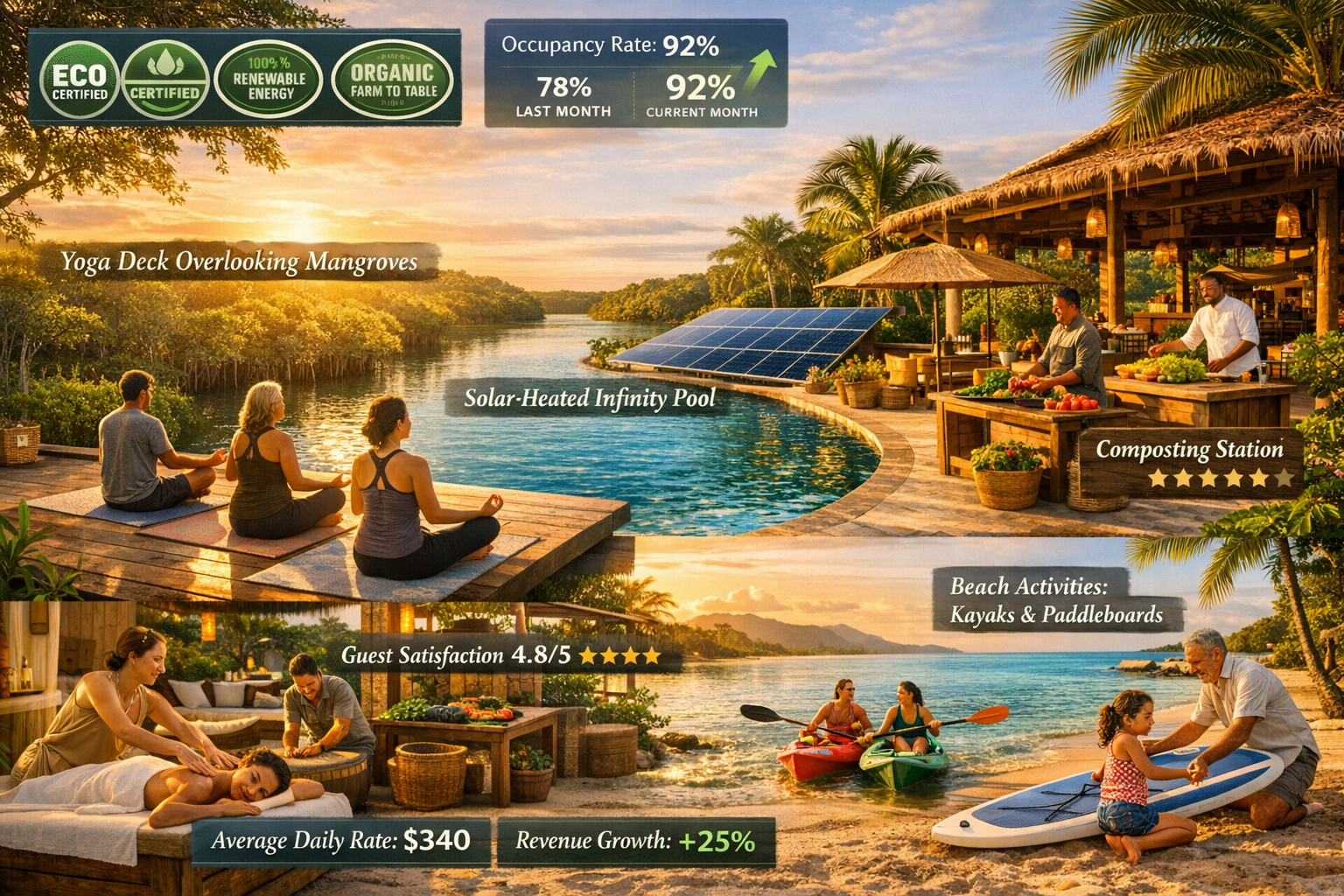 Detailed landscape format (1536x1024) image showcasing luxury eco-resort amenities and sustainability features in Bahia setting. Features yo