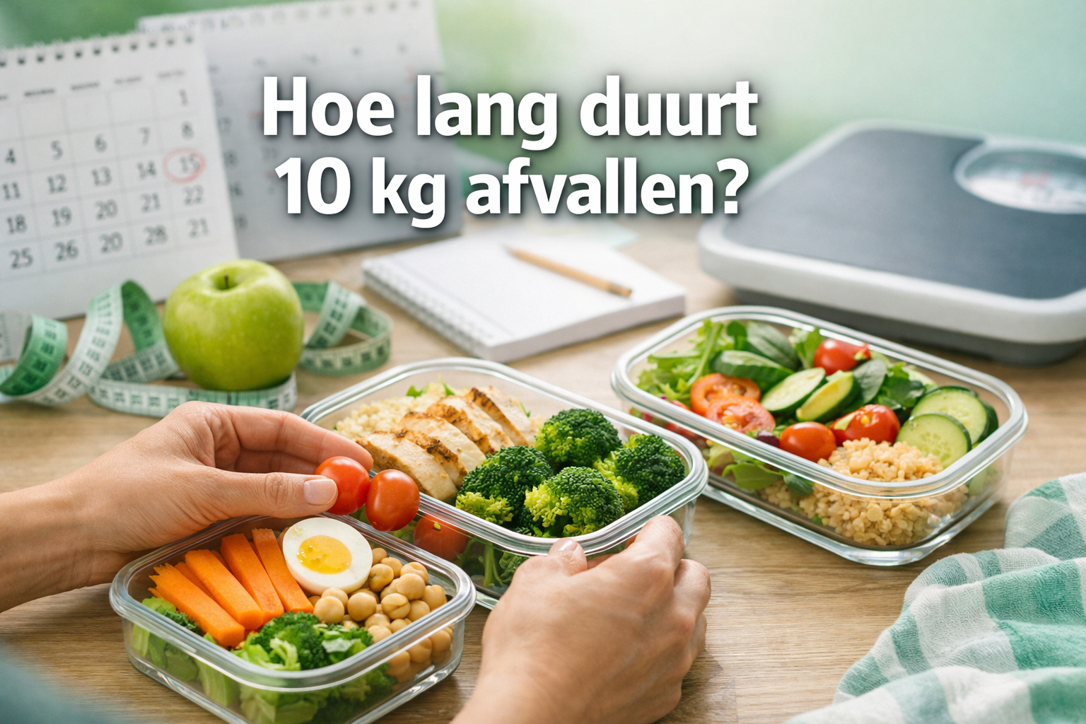 Professional landscape hero image (1536x1024) with bold text overlay 'Hoe lang duurt 10 kg afvallen?' in extra large 72pt white sans-serif f