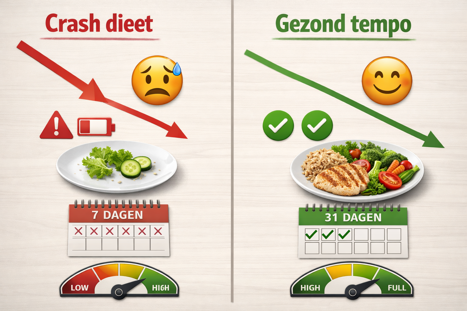 Split-screen comparison illustration showing two paths: left side labeled 'Crash dieet' with rapid downward arrow, stressed face emoji, warn