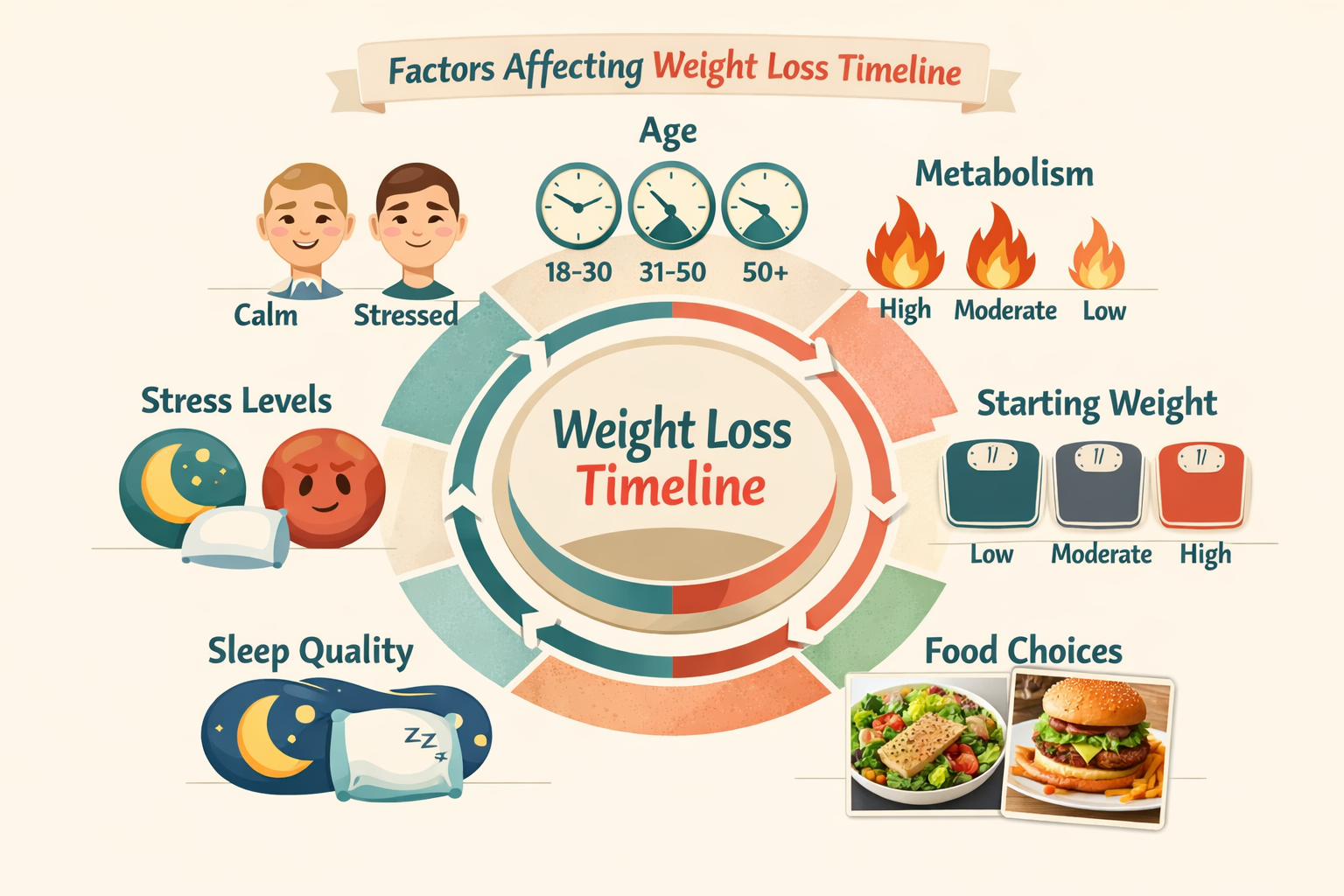 Detailed visual chart showing factors affecting weight loss timeline: age ranges with clock icons, metabolism represented by flame symbols,