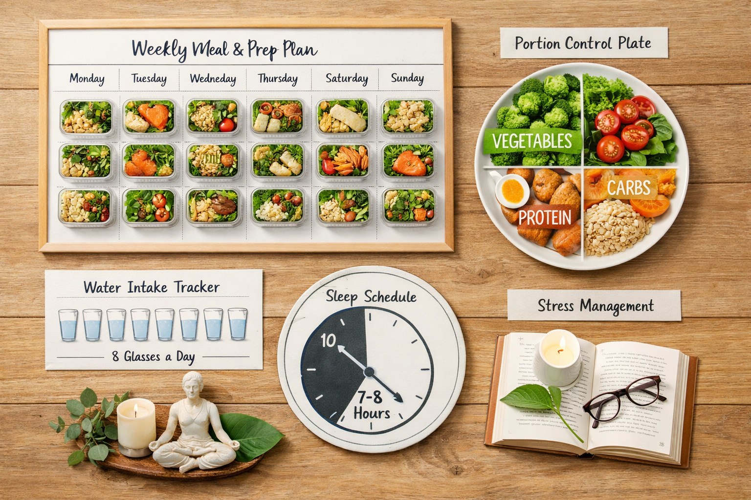 Practical step-by-step visual guide showing weekly planning template with meal prep containers for 7 days, portion control plate diagram wit