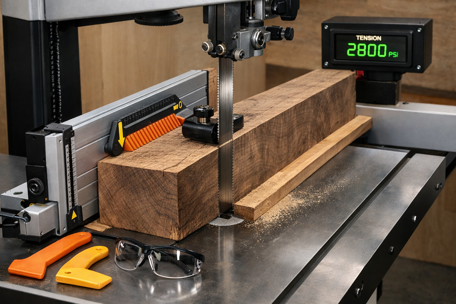 A detailed () image showcasing a band saw set up for resawing, with a thick hardwood plank being guided through. Focus on