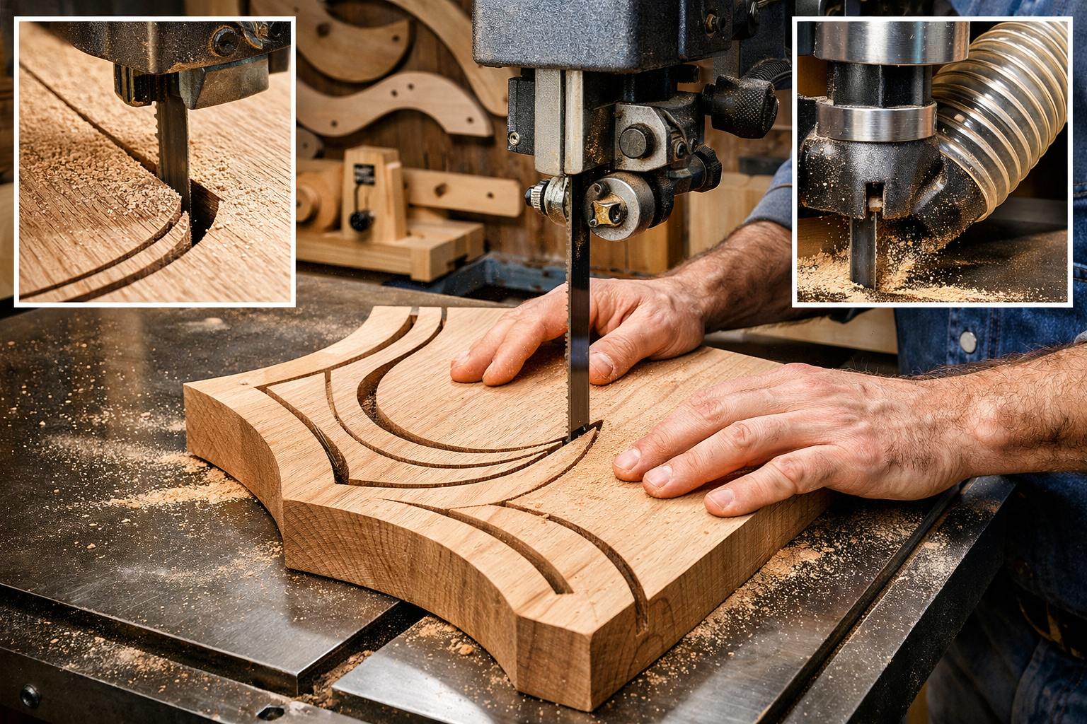 A () image demonstrating curve cutting on a band saw. A skilled woodworker carefully guides a piece of wood with an