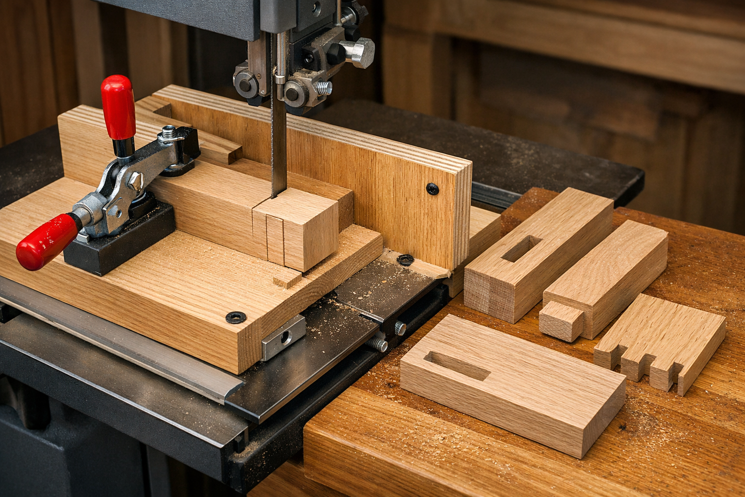 A () image illustrating joinery preparation using a band saw, specifically cutting tenons or dados. A workpiece is clamped