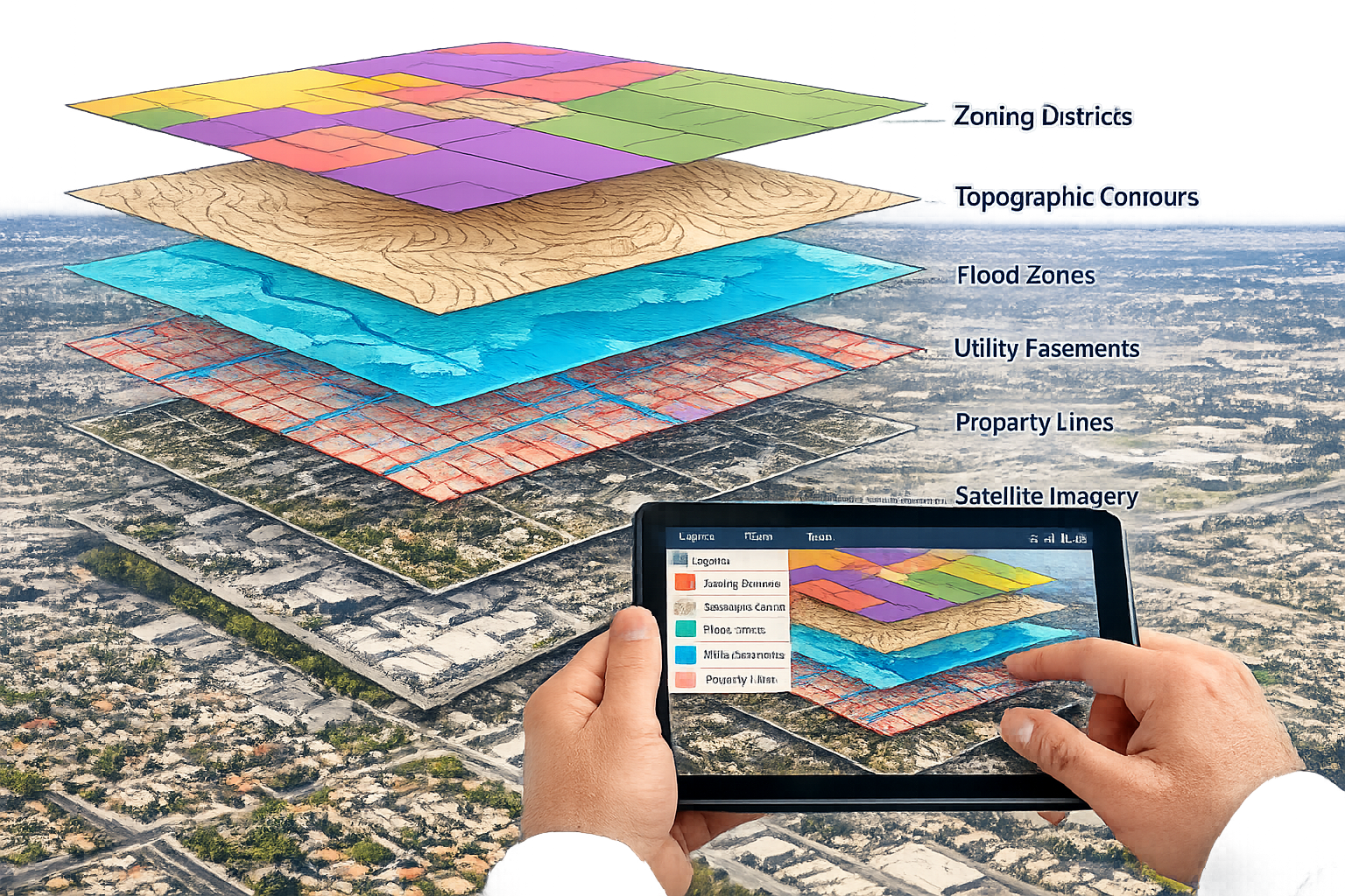 Detailed landscape format (1536x1024) image showing multiple transparent GIS data layers stacked vertically in 3D perspective view: bottom l