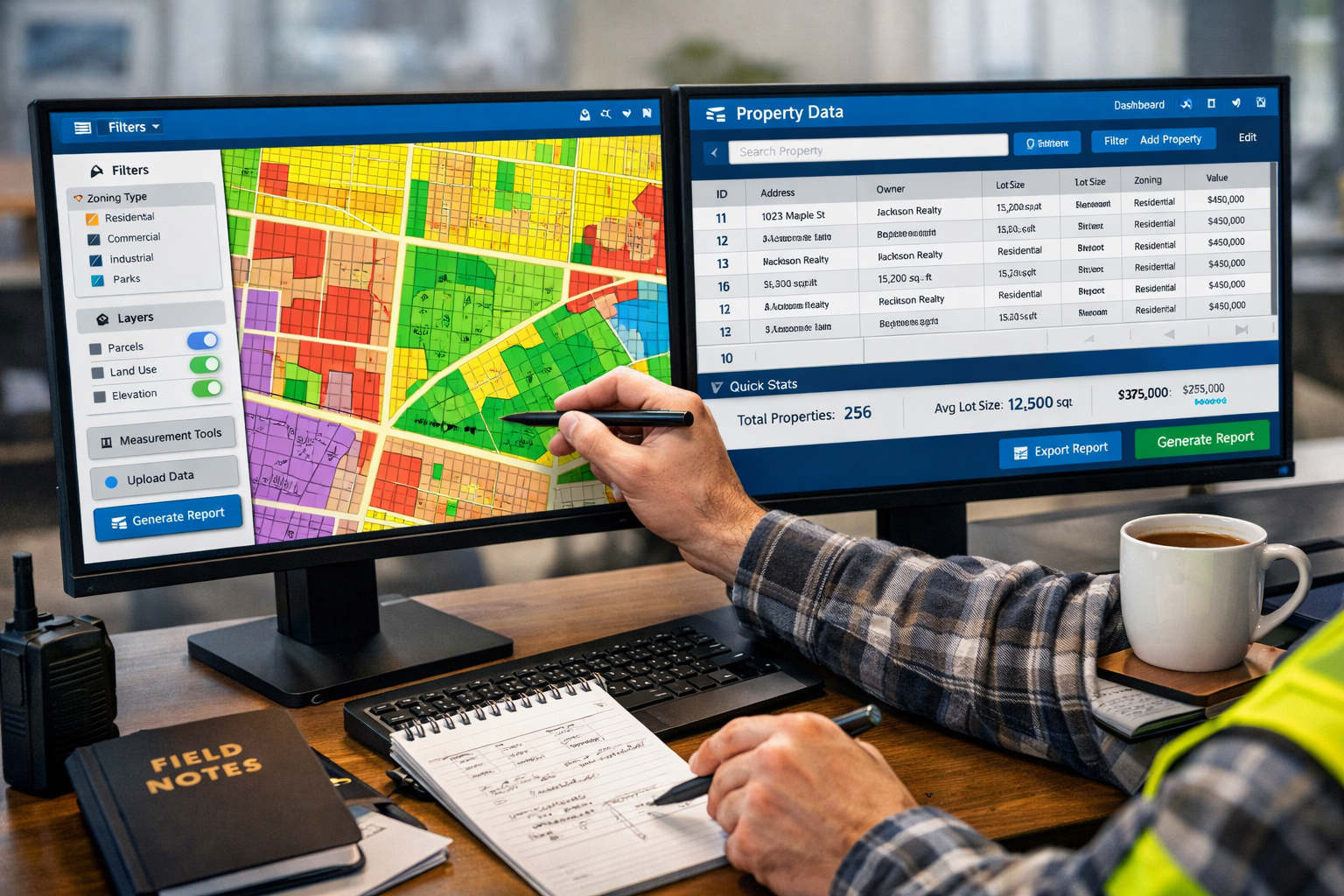 Detailed landscape format (1536x1024) image of modern office workspace with large dual monitors displaying interactive GIS dashboard with cu