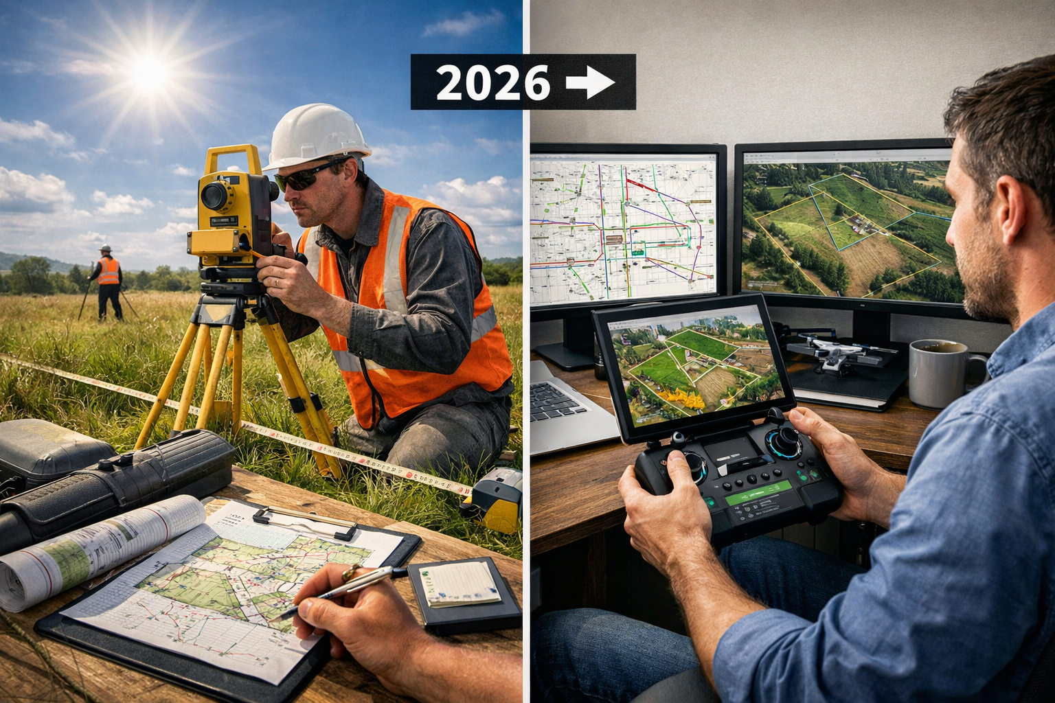 Detailed landscape format (1536x1024) split-screen comparison image: left side shows traditional surveyor in field with theodolite equipment