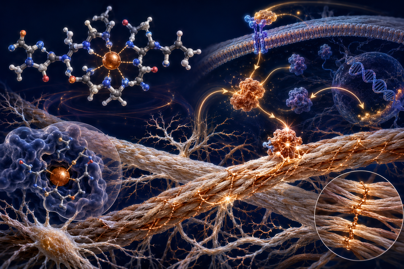 Detailed () scientific illustration showing GHK-Cu peptide molecular structure binding to copper(II) ions, with branching
