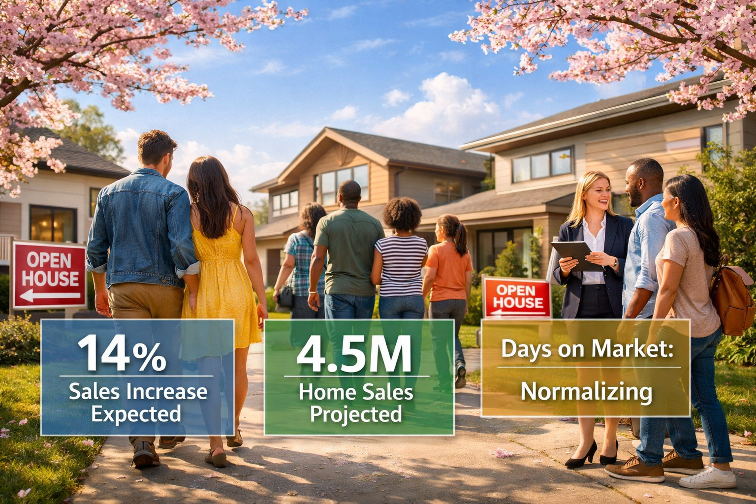 Landscape format (1536x1024) dynamic action-oriented image showing diverse homebuyers (young couple, family, first-time buyer) walking towar