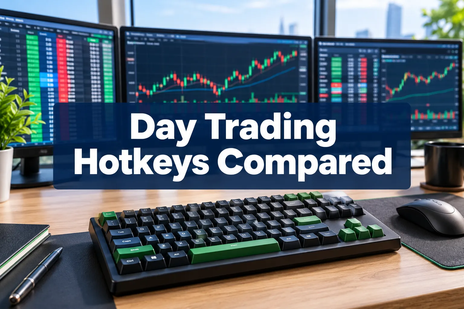 DAS Trader vs TWS vs TradeStation day trading hotkeys compared, keyboard on a trading desk