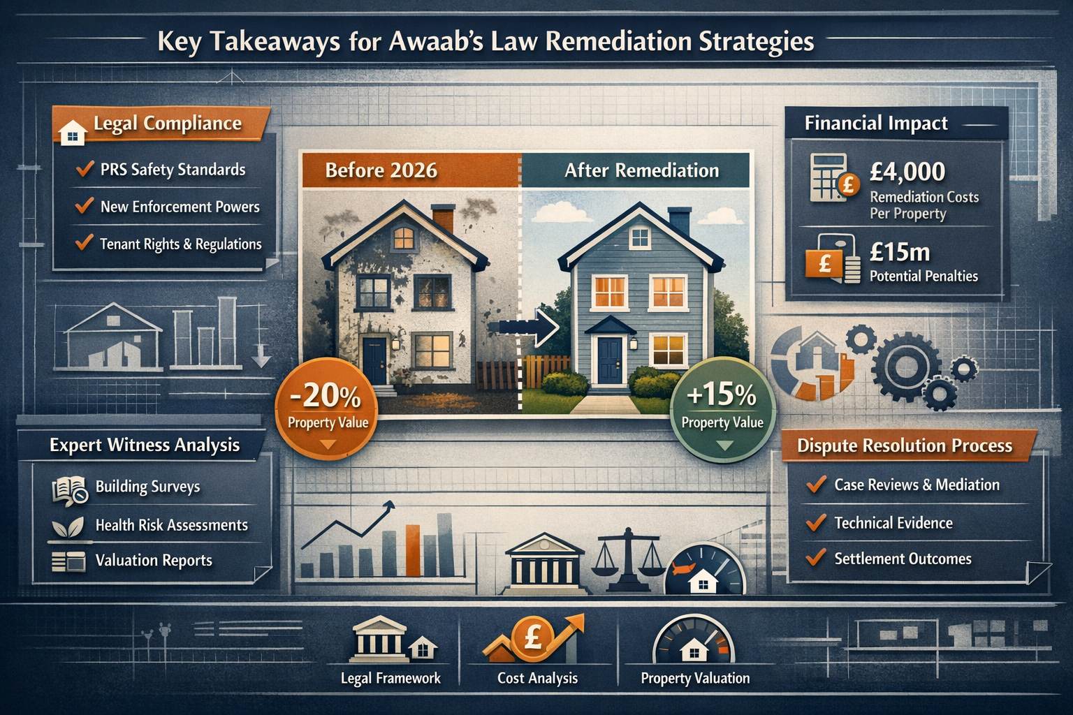 Landscape editorial infographic visualizing 'Key Takeaways' for Awaab's Law remediation strategies, featuring a stylized