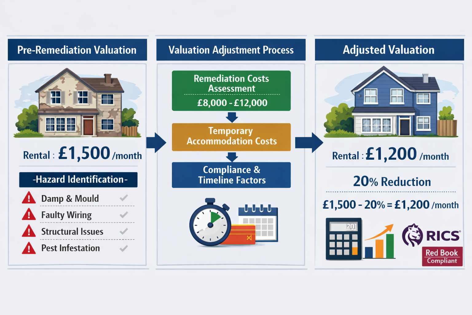 () technical illustration showing rental property valuation adjustment methodology with side-by-side comparison. Left panel