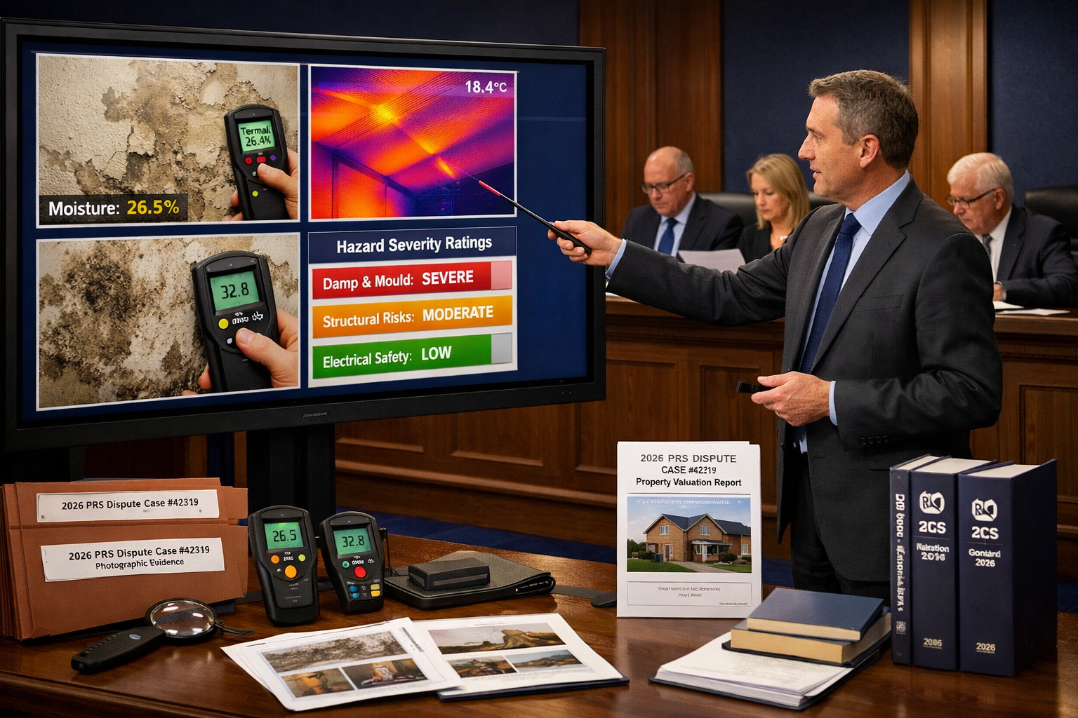 () professional courtroom evidence presentation scene showing expert witness surveyor presenting valuation report to