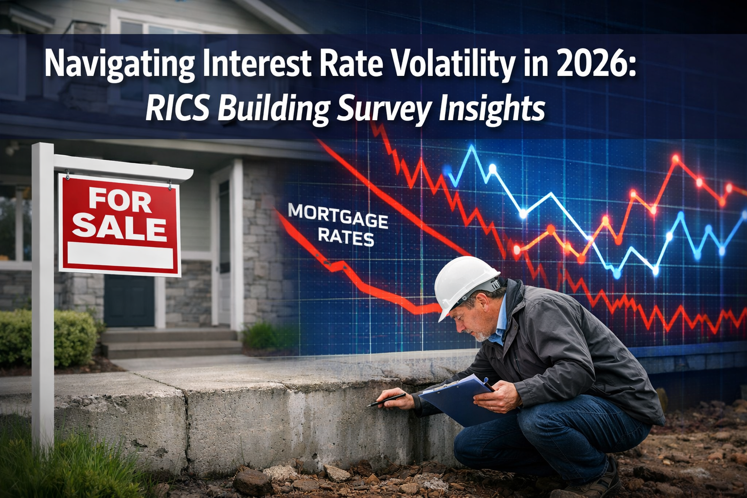 Professional () editorial hero image with 'Navigating Interest Rate Volatility in 2026: RICS Building Survey Insights' in