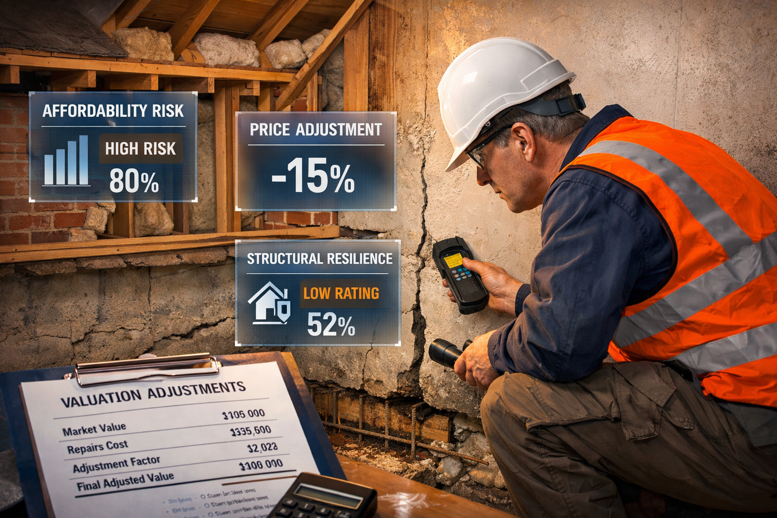 () conceptual image showing building surveyor conducting detailed structural inspection inside residential property. Scene