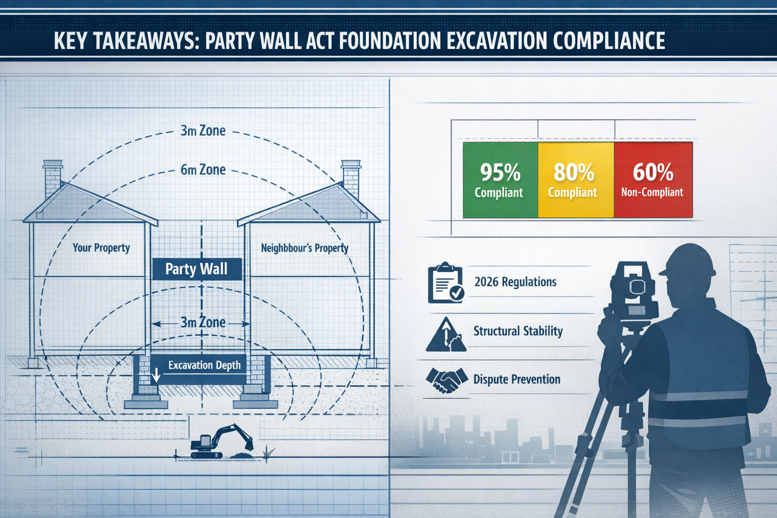 Professional architectural infographic visualizing 'Key Takeaways' for Party Wall Act foundation excavation compliance,
