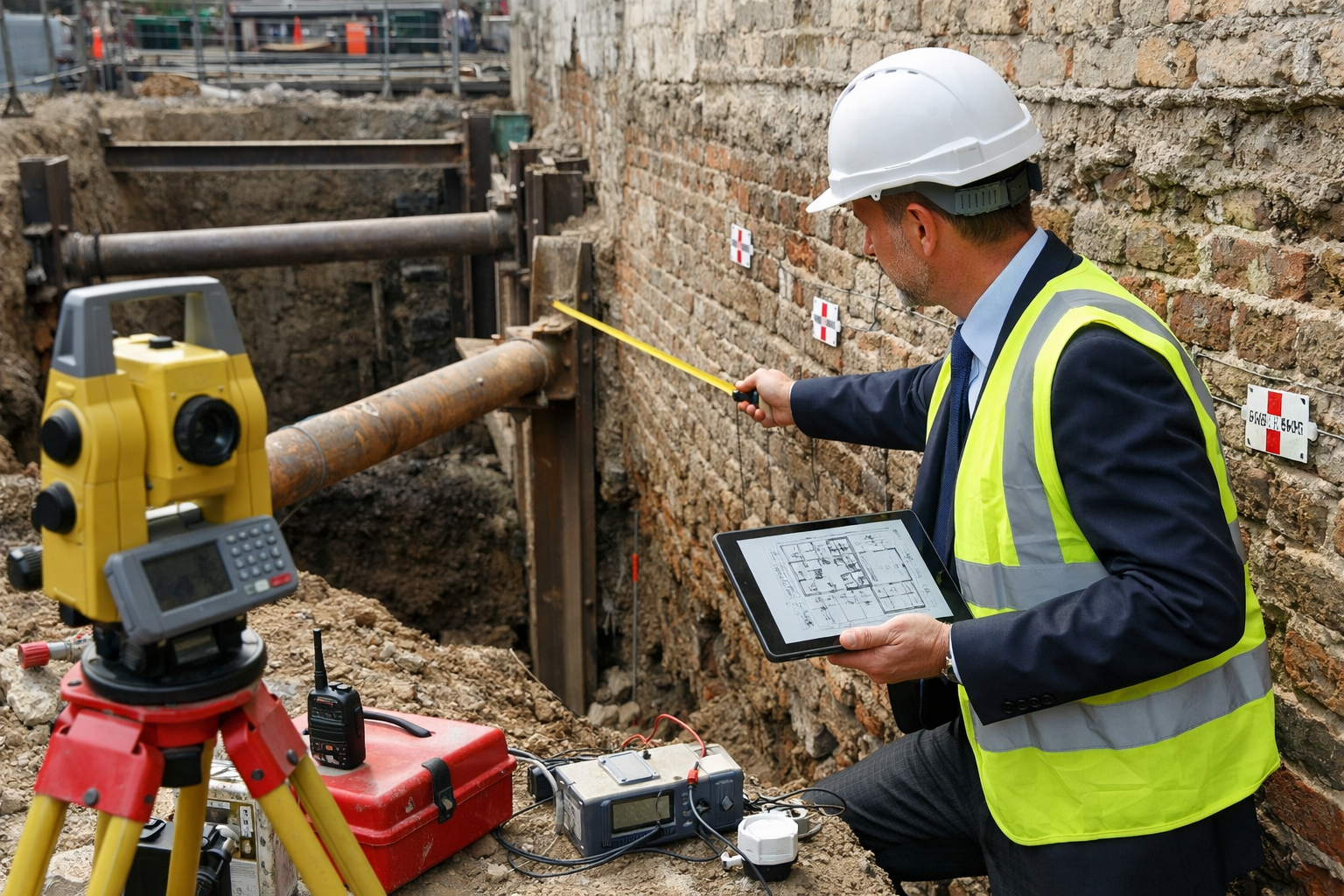 () professional photograph of party wall surveyor in business attire and hard hat conducting site inspection at active