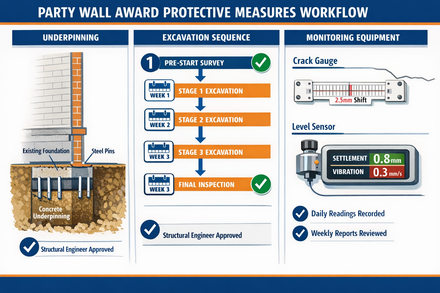 () detailed infographic showing Party Wall Award protective measures workflow, split into three vertical sections: left