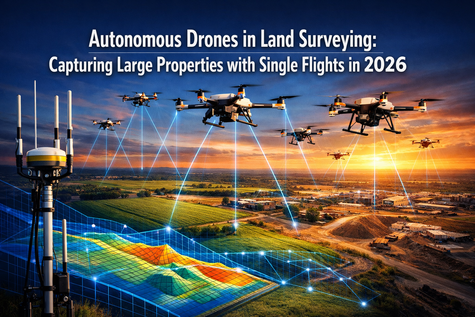 Professional landscape format (1536x1024) hero image featuring bold text overlay 'Autonomous Drones in Land Surveying: Capturing Large Prope
