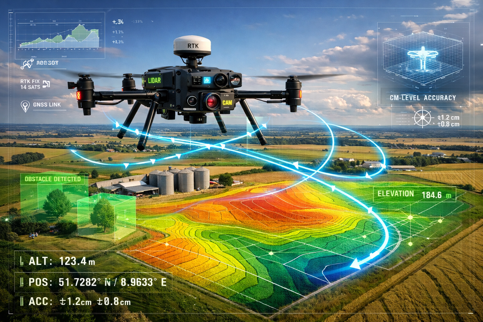 Detailed landscape format (1536x1024) image showing autonomous drone with multi-sensor array (LiDAR, RGB camera, thermal imaging) hovering o