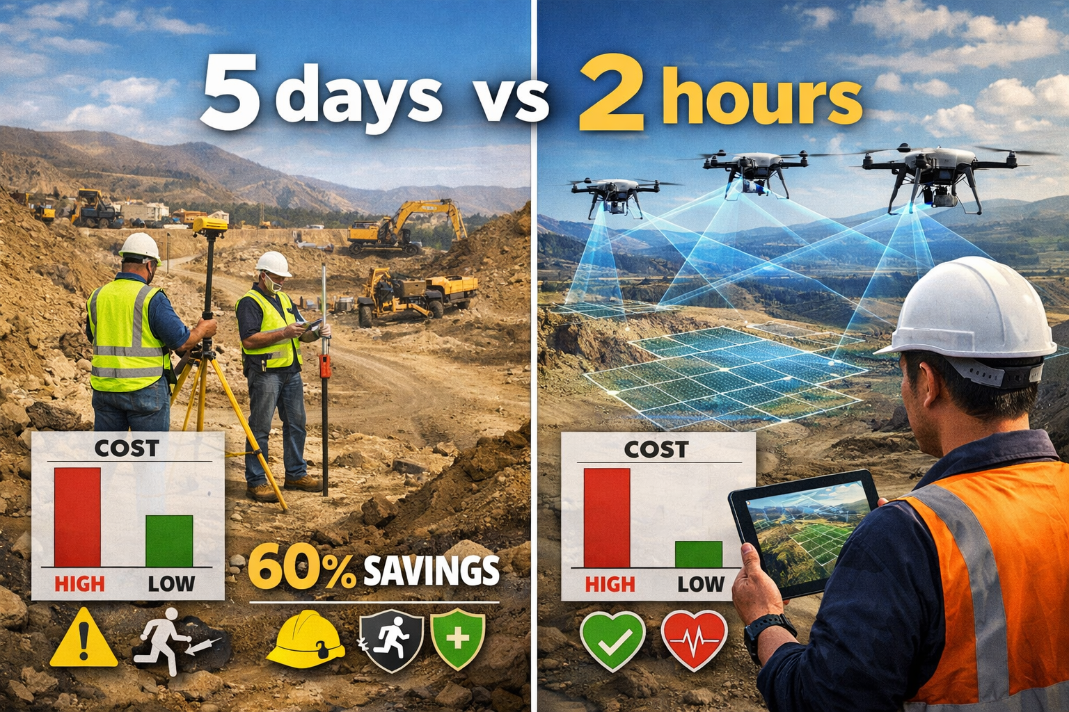 Professional landscape format (1536x1024) split-screen composition showing left side: traditional ground surveying crew with equipment on la