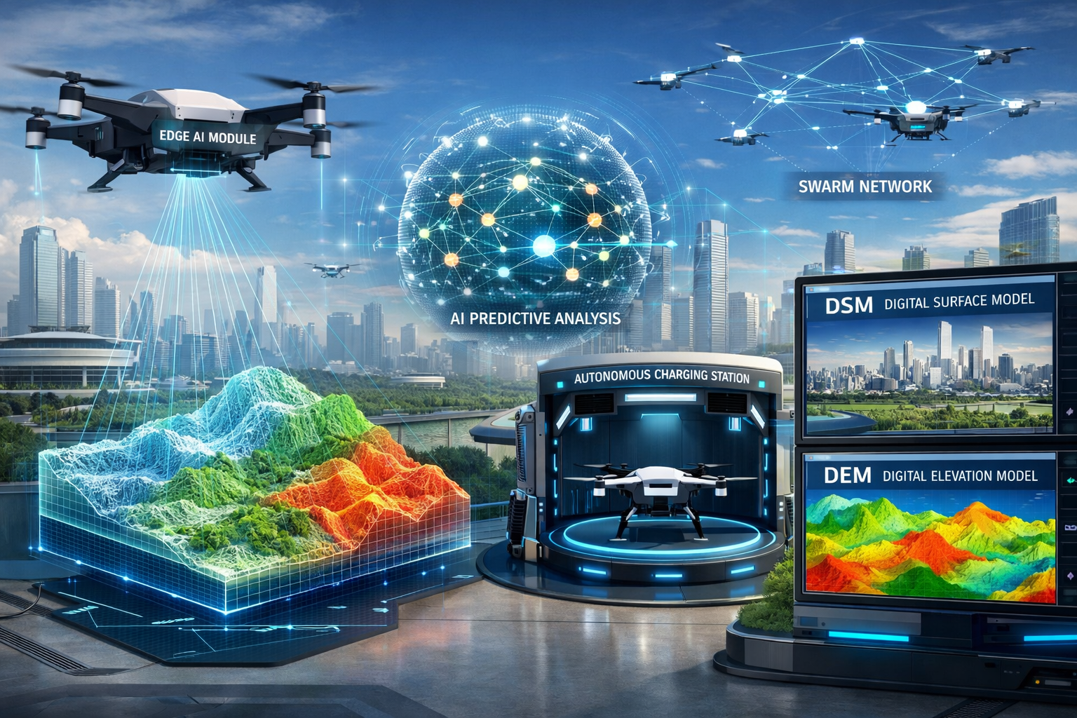 Futuristic landscape format (1536x1024) image depicting advanced autonomous drone technology features: edge computing module integration, re