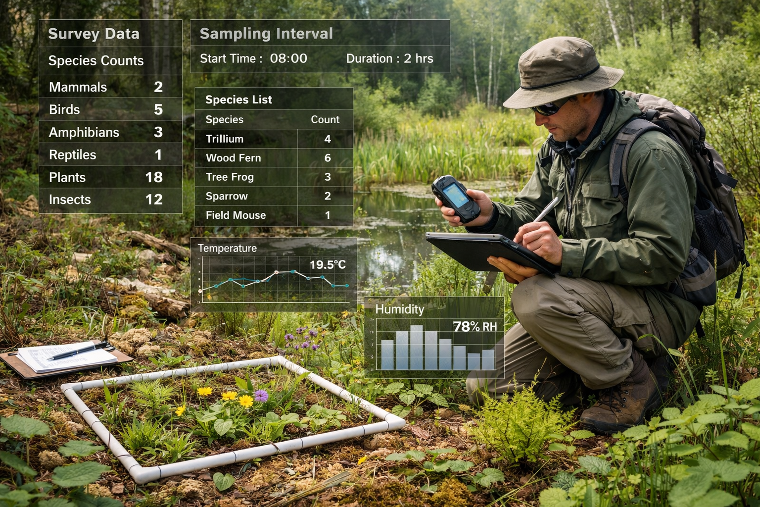 Detailed () image showing comprehensive ecosystem survey methodology scene with field biologist in professional gear using