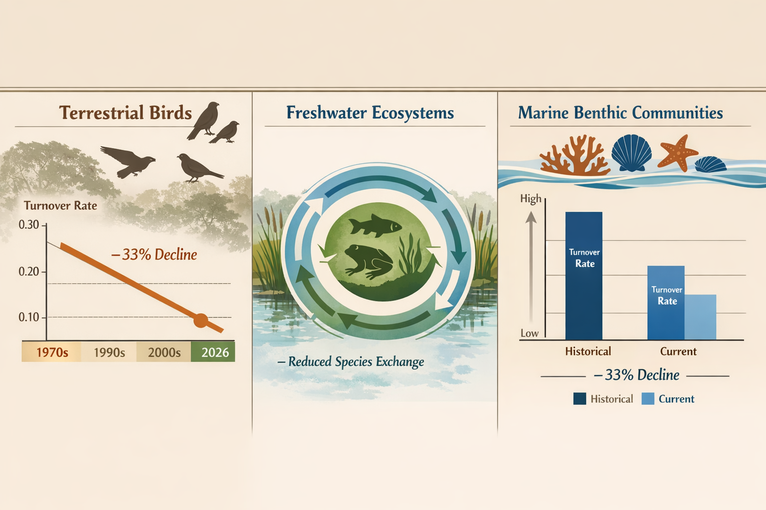 Detailed () infographic-style image displaying multi-panel comparison of species turnover rates across different ecosystem