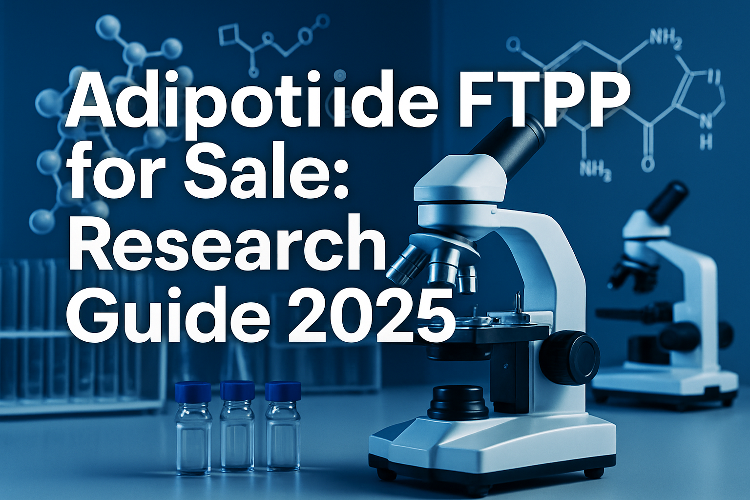 Professional landscape hero image (1536x1024) featuring bold text overlay 'Adipotide FTPP for Sale: Research Guide 2025' in extra large 72pt