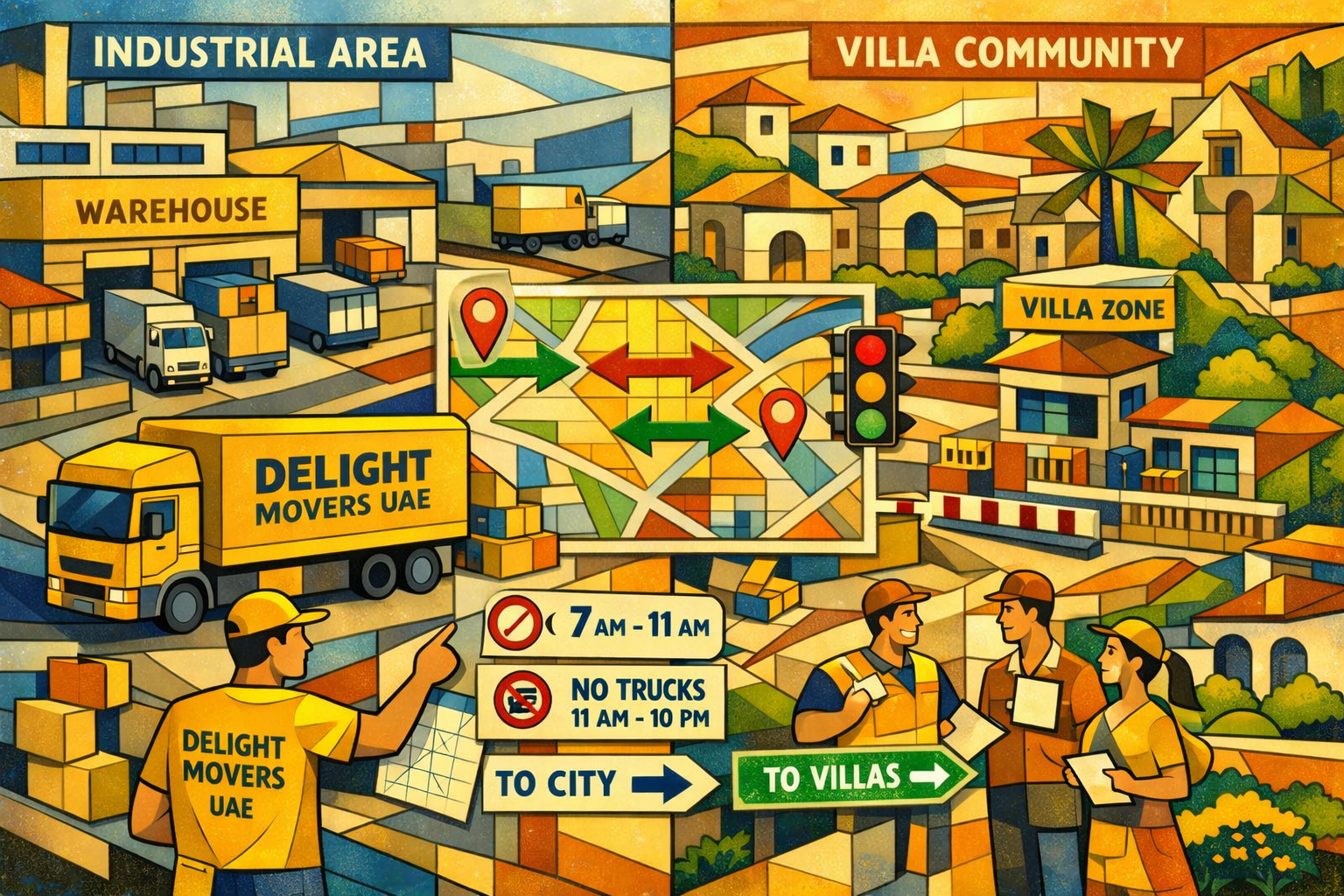 Picasso-inspired cubist style, geometric shapes, user this color for image #fbd01c. put this color on worker's Tshirt and on truck. and if y