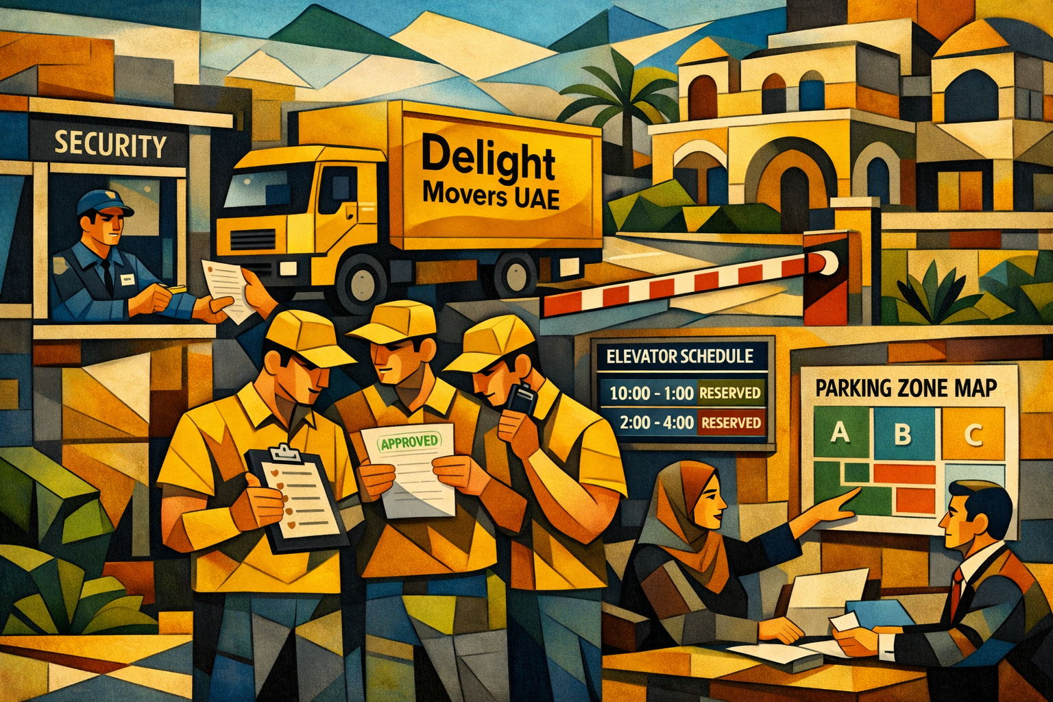 Picasso-inspired cubist style, geometric shapes, user this color for image #fbd01c. put this color on worker's Tshirt and on truck. and if y